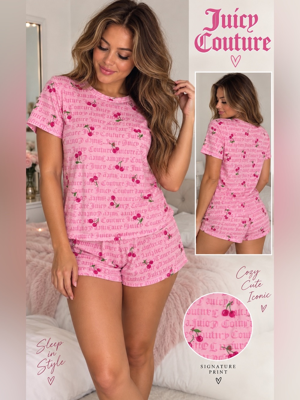Juicy Couture women’s Pink cherry Pajama Set top and shorts large
